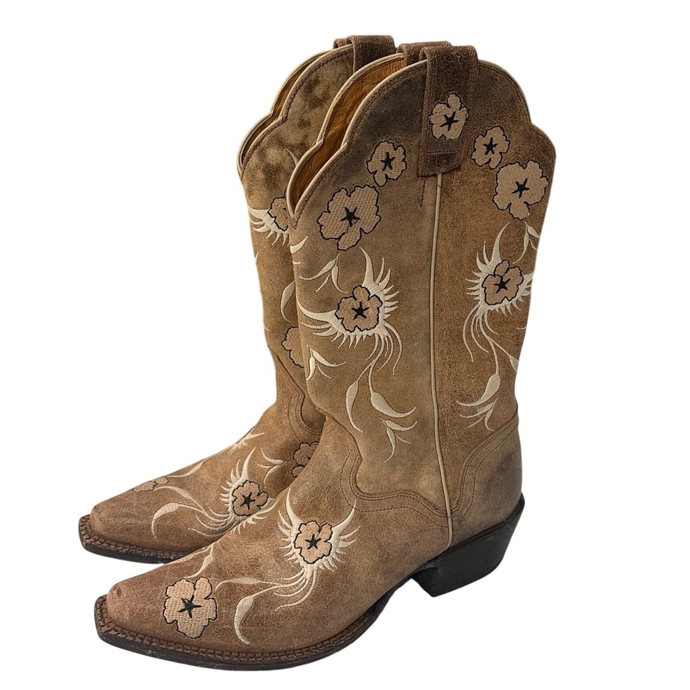 J.B. Dillon Women Floral Embroidered Cowboy Boots Brown/Cream Leather Snip Toe 8